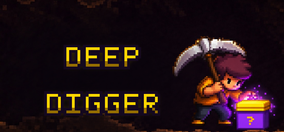 Deep Digger: a miner with a pickaxe next to a glowing purple chest